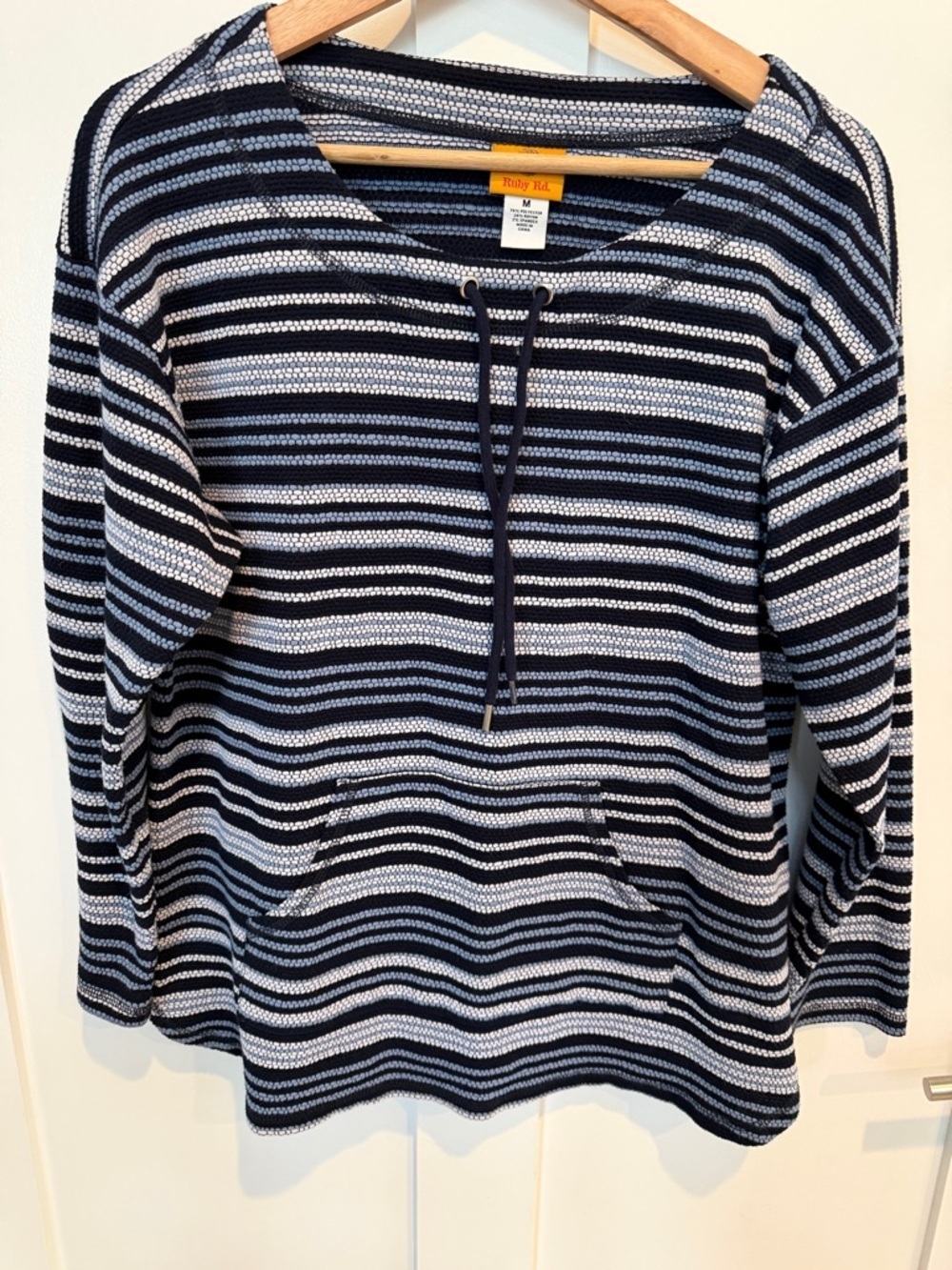 Ruby Rd. Navy and White Striped Hooded Pullover